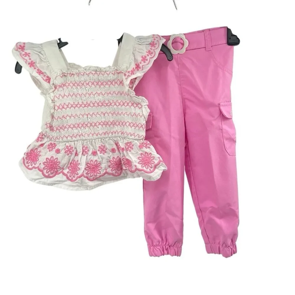 Little Lass 18M Pink Embroidered Smocked Top Cargo Pants Outfit Set Boho - Picture 2 of 13